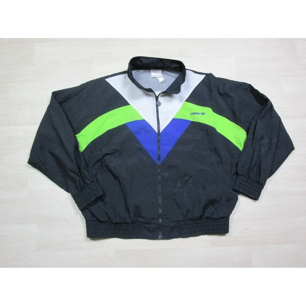 Vintage Adidas Men's Jacket (XL) Colorblock Windbreaker Lined with Pockets Black